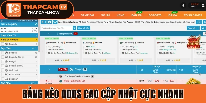 Bảng kèo Odds cao cập nhật cực nhanh