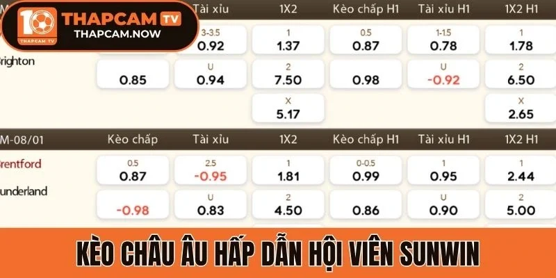 Kèo châu Âu hấp dẫn hội viên Sunwin